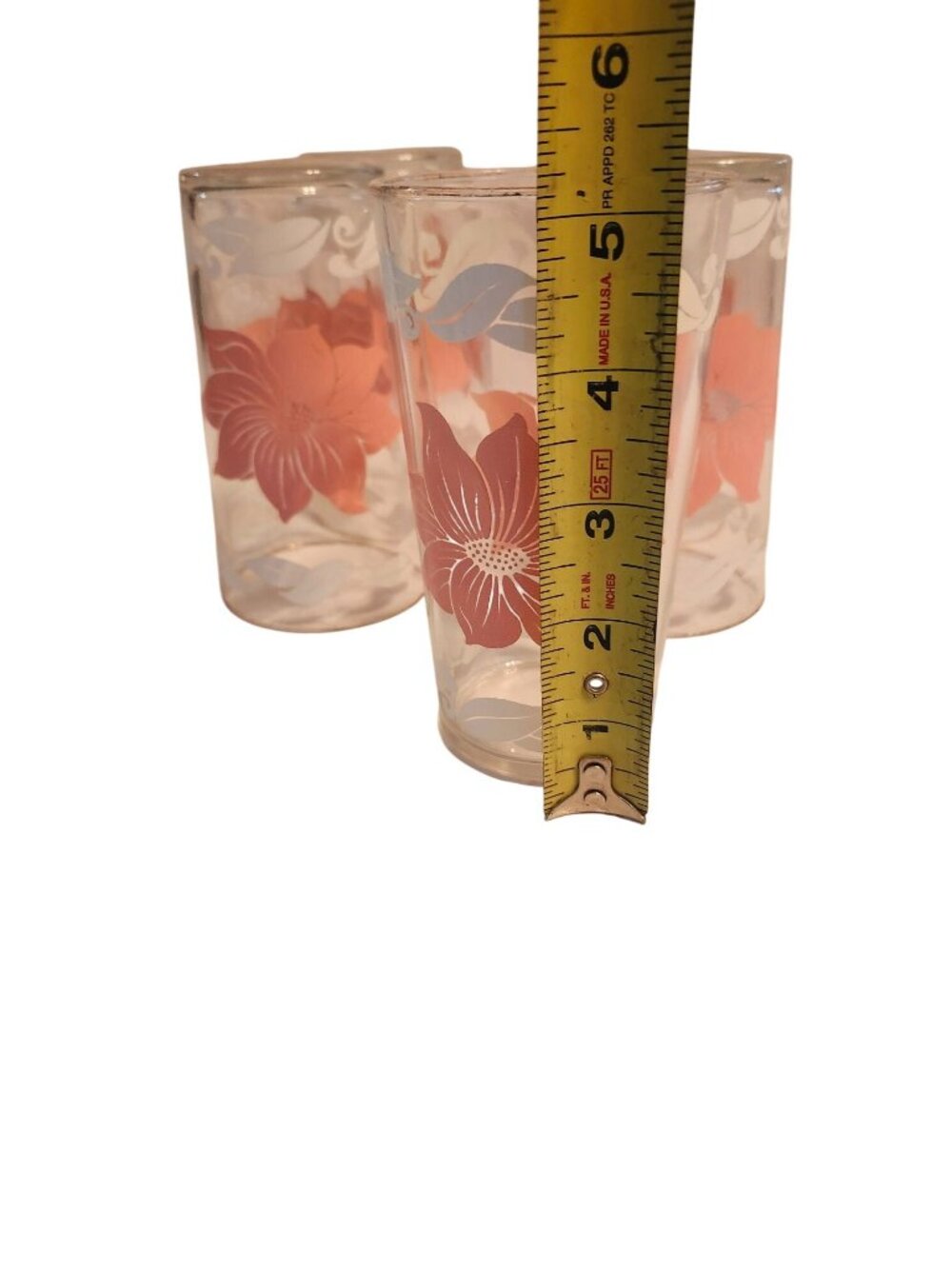 Vintage Pink & White Hibiscus Glass Tumblers Set Of 5 5-Inch Tall Floral Design - Picture 9 of 10
